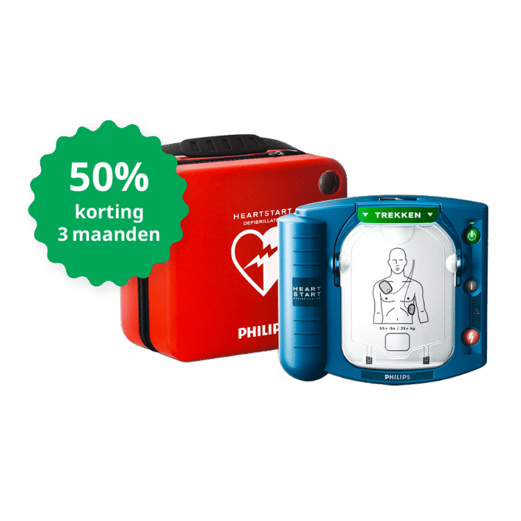 Philips HeartStart HS1 AED met rode draagtas en groene sticker met '50% korting 3 maanden'.