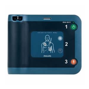 Philips HeartStart FRx AED defibrillator, model met pictogrammen en stapsgewijze instructies.