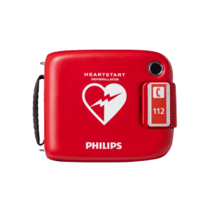Philips HeartStart FRx AED draagtasje in het rood met wit hartlogo en 112-symbool.