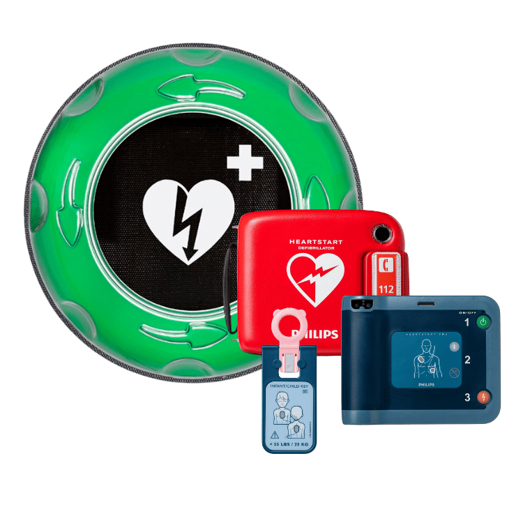 Philips HeartStart FRx AED-set met wandkastpictogram en accessoires op transparante achtergrond.