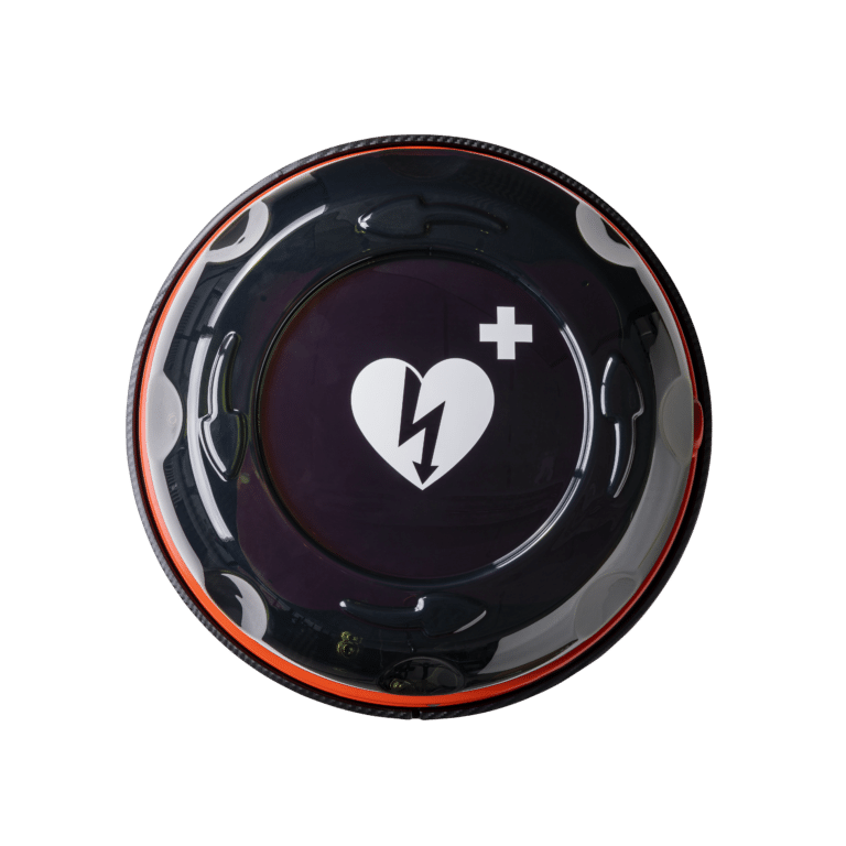 Rotaid Outdoor AED-wandkast met gesloten deksel en AED-symbool op transparante achtergrond.