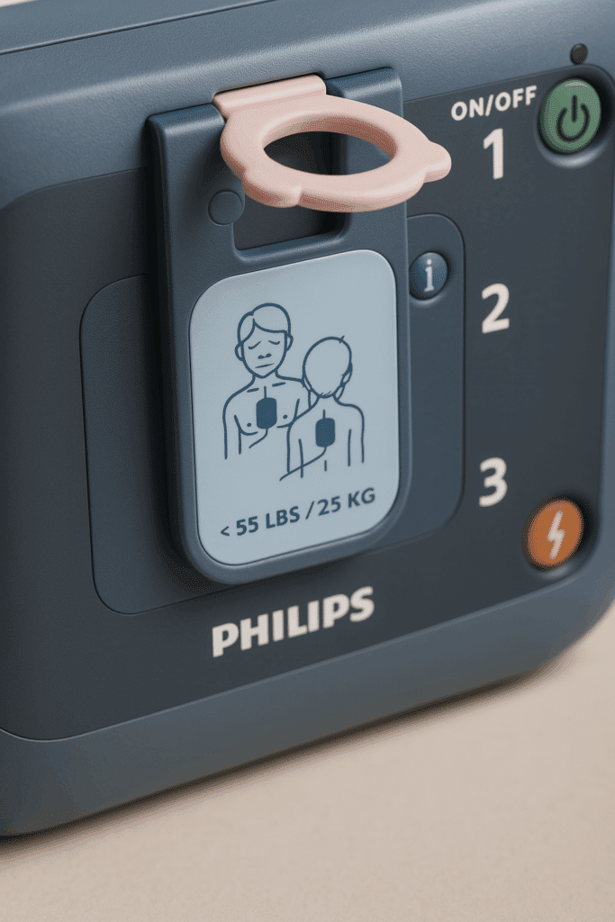 Close-up shot van de Philips FRx AED met een focus op de child/infant key.